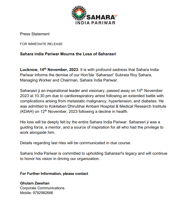 Sahara Group Press Release