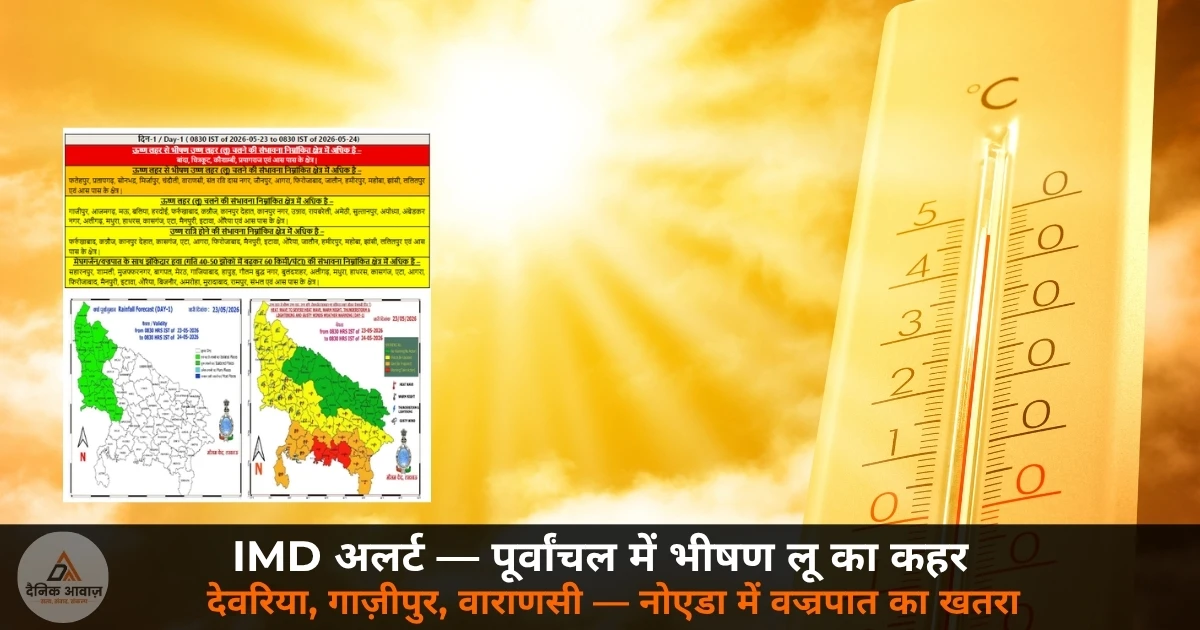 UP heatwave IMD alert Ghazipur Varanasi Azamgarh Noida thunderstorm 23 May 2026